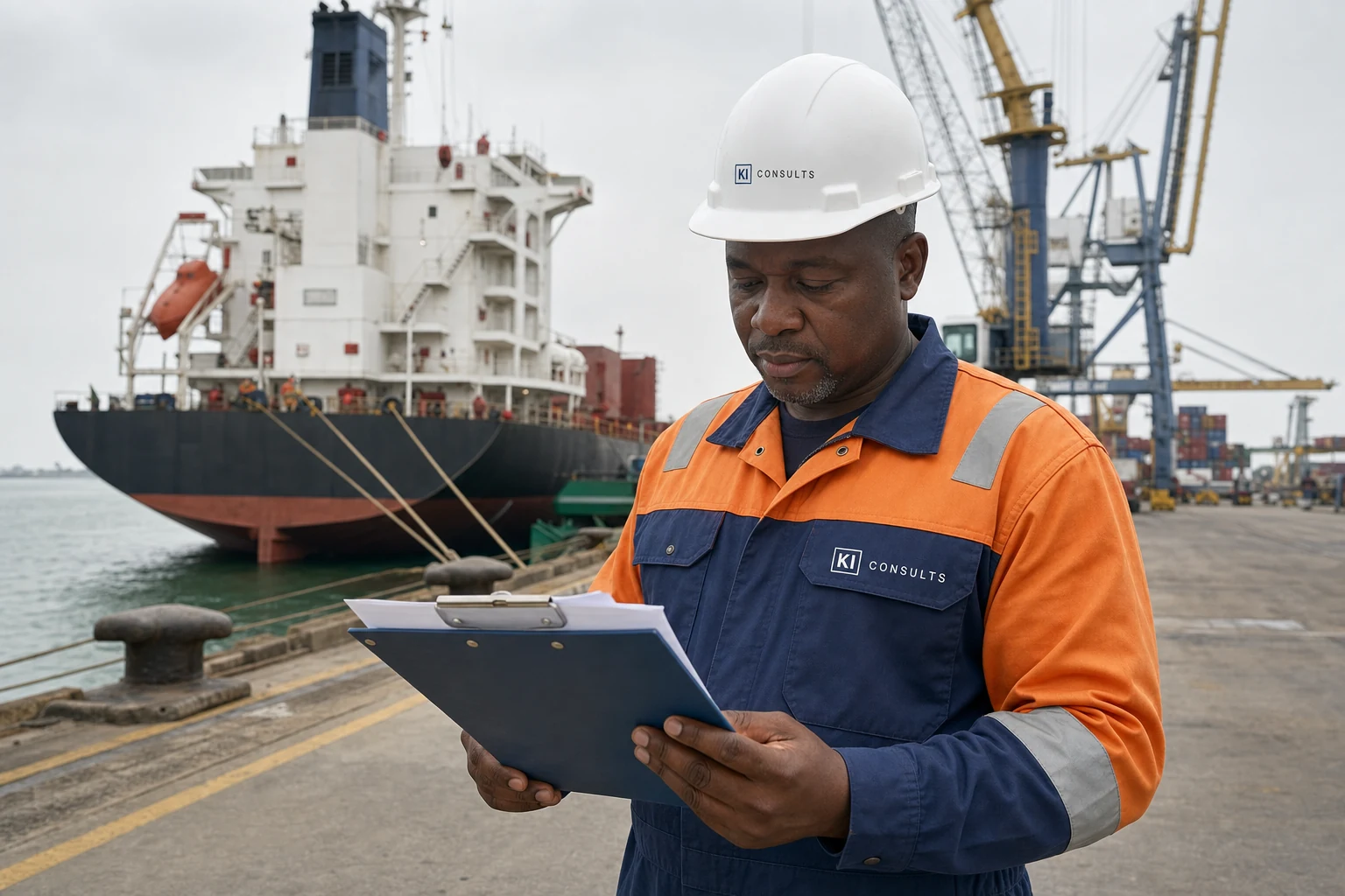 A marine officer checking clearance documents at the quayside