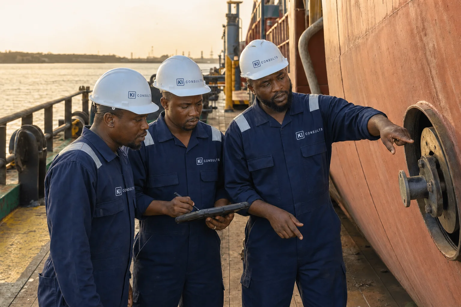 Marine surveyors carrying out a hull check on deck